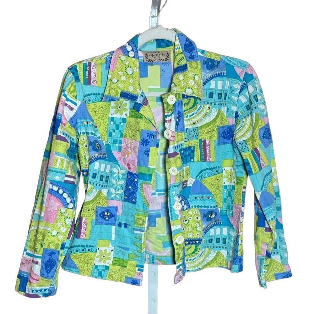 Life Style Petite Women's Boho Embellished Pastel Color Denim‎ Jacket Small